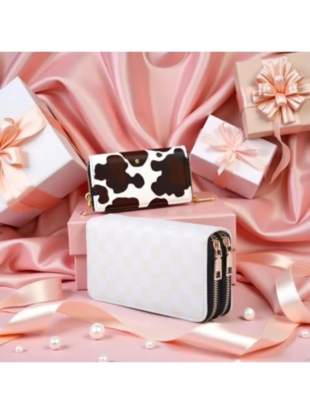 Beige Checkered Double Zip Wallet - Large Plaid Clutch, Smooth Zippers, Travel